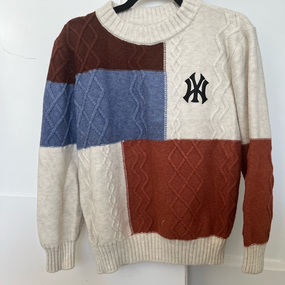 Men's Patchwork Sweater - Cream, Blue, Brown